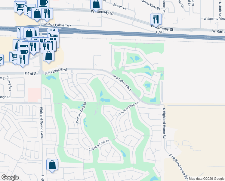 map of restaurants, bars, coffee shops, grocery stores, and more near 5355 West Pinehurst Drive in Banning