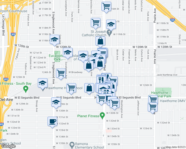 map of restaurants, bars, coffee shops, grocery stores, and more near 12420 Grevillea Avenue in Hawthorne