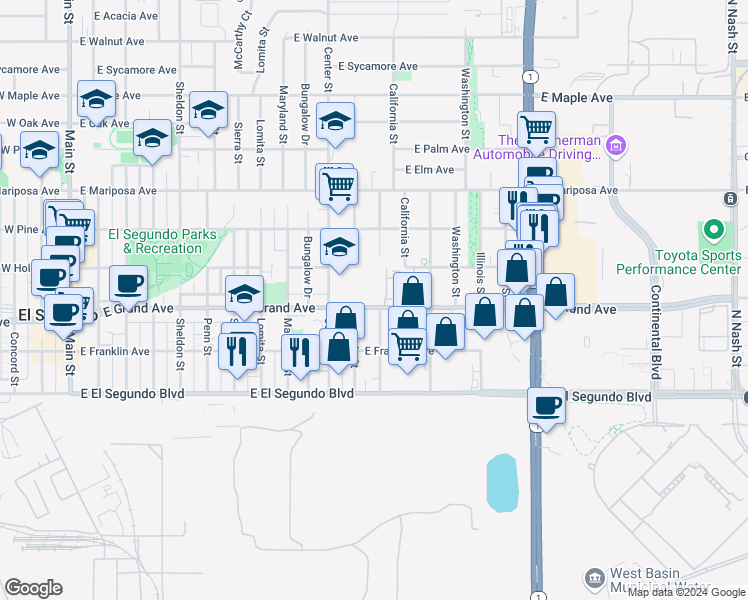 map of restaurants, bars, coffee shops, grocery stores, and more near 1225 East Grand Avenue in El Segundo