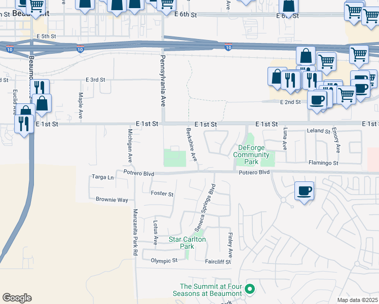 map of restaurants, bars, coffee shops, grocery stores, and more near 73 Berkshire Avenue in Beaumont