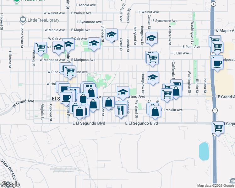 map of restaurants, bars, coffee shops, grocery stores, and more near 623 East Grand Avenue in El Segundo