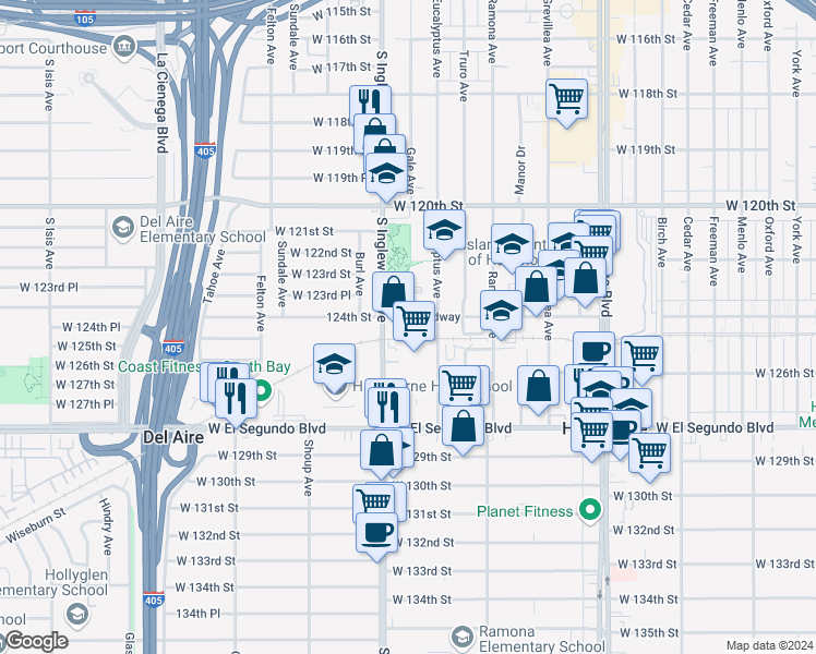 map of restaurants, bars, coffee shops, grocery stores, and more near 4750 Rosecrans Avenue in Hawthorne