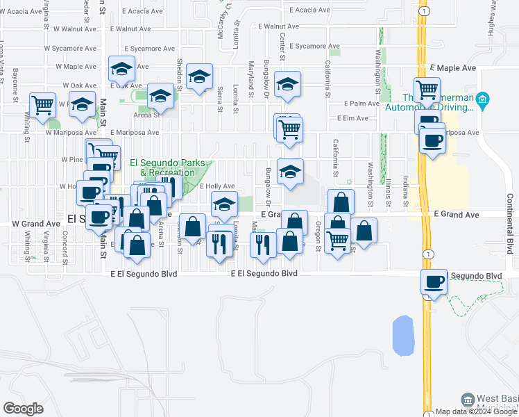 map of restaurants, bars, coffee shops, grocery stores, and more near 300 Maryland Street in El Segundo