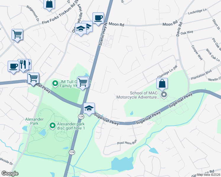 map of restaurants, bars, coffee shops, grocery stores, and more near 916 Scenic Park Trail Southwest in Lawrenceville