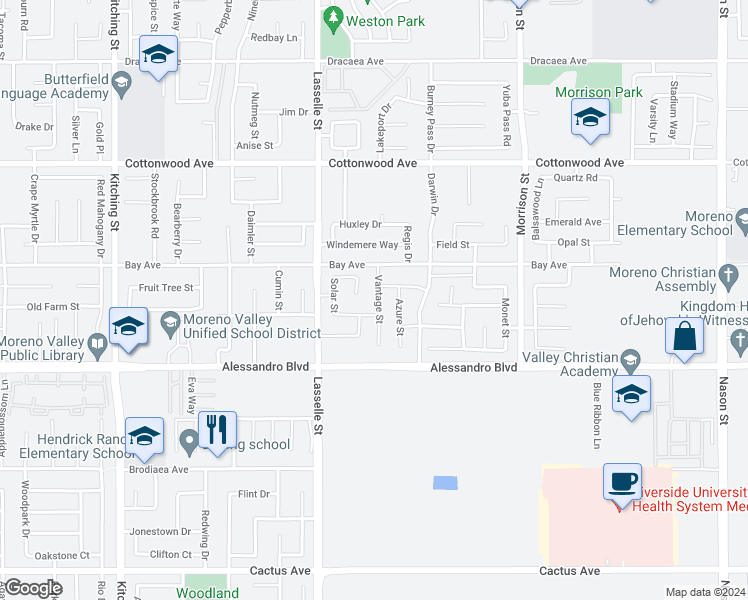 map of restaurants, bars, coffee shops, grocery stores, and more near in Moreno Valley
