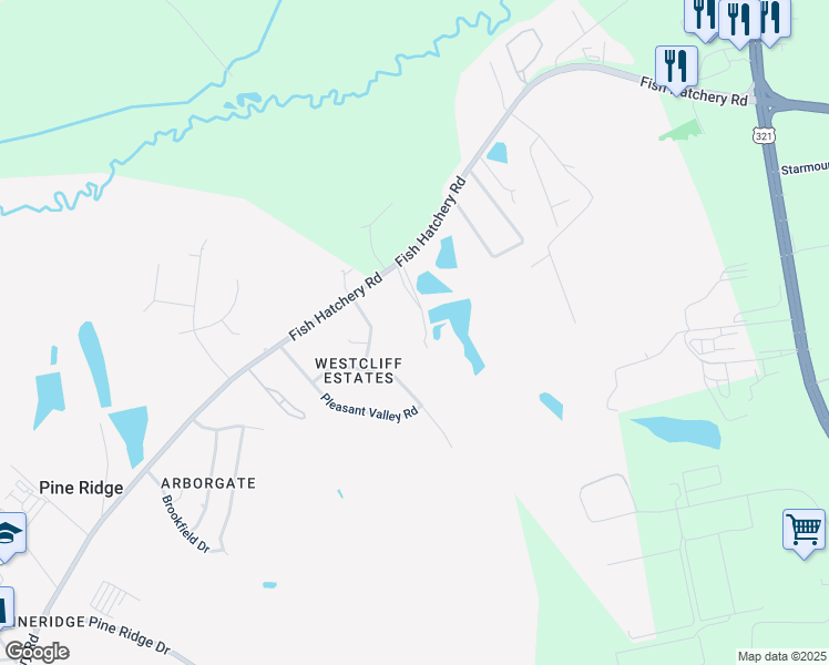 map of restaurants, bars, coffee shops, grocery stores, and more near 2579 Fish Hatchery Road in West Columbia