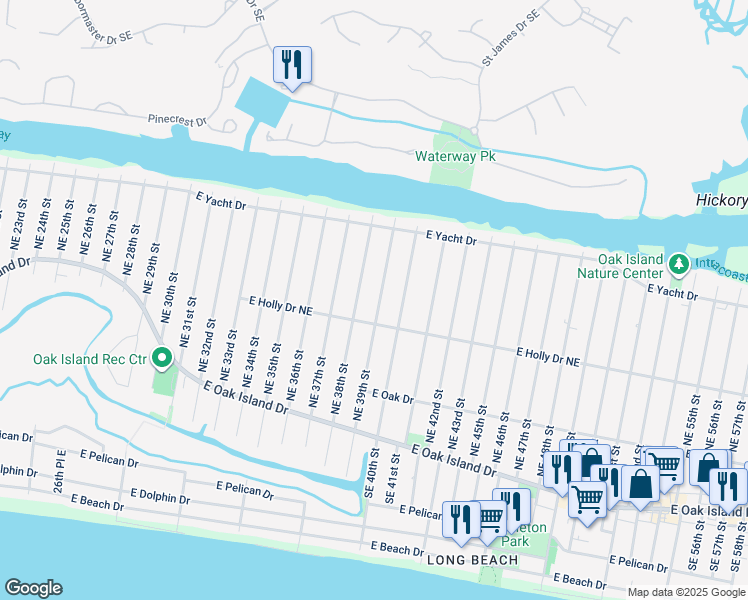 map of restaurants, bars, coffee shops, grocery stores, and more near 209 Northeast 39th Street in Oak Island