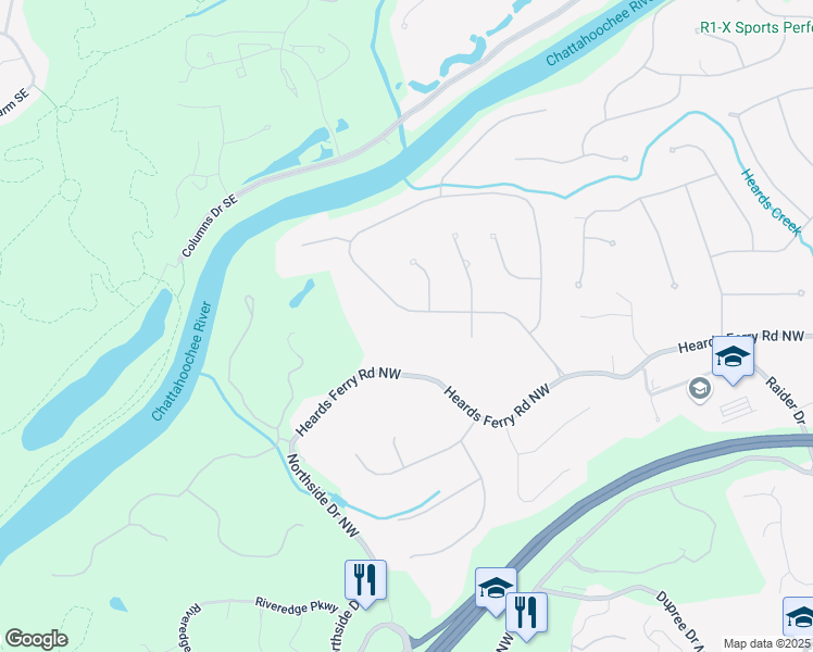 map of restaurants, bars, coffee shops, grocery stores, and more near 6090 River Chase Circle Northwest in Atlanta