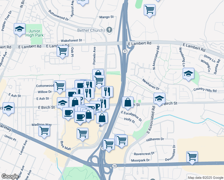map of restaurants, bars, coffee shops, grocery stores, and more near 140 South State College Boulevard in Brea