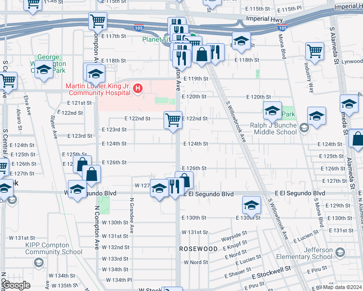 map of restaurants, bars, coffee shops, grocery stores, and more near 12400 Wilmington Avenue in Compton