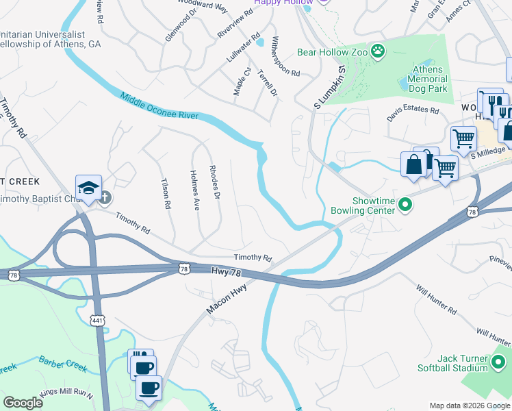 map of restaurants, bars, coffee shops, grocery stores, and more near 850 Macon Highway in Athens