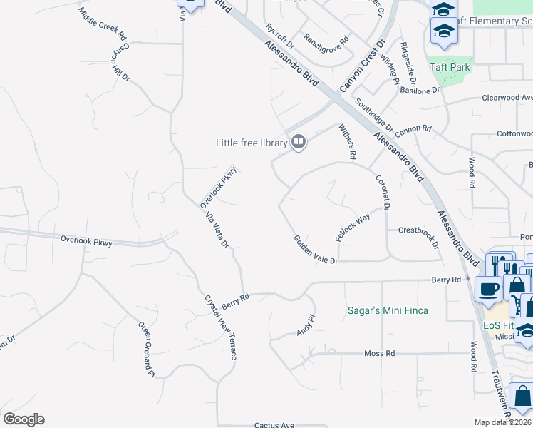 map of restaurants, bars, coffee shops, grocery stores, and more near 7007 Golden Vale Drive in Riverside