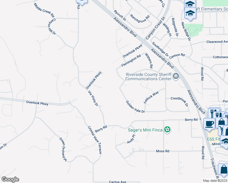 map of restaurants, bars, coffee shops, grocery stores, and more near 7007 Golden Vale Drive in Riverside