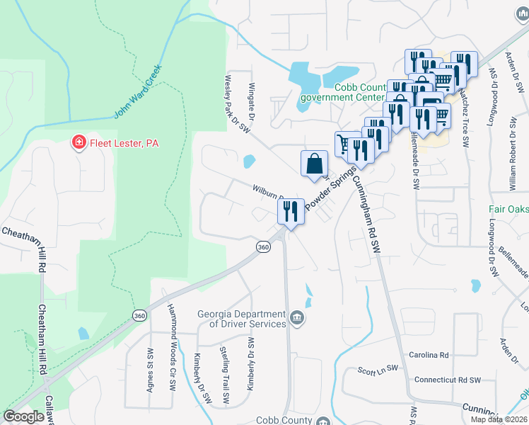 map of restaurants, bars, coffee shops, grocery stores, and more near 1158 Arrowlake Road in Marietta