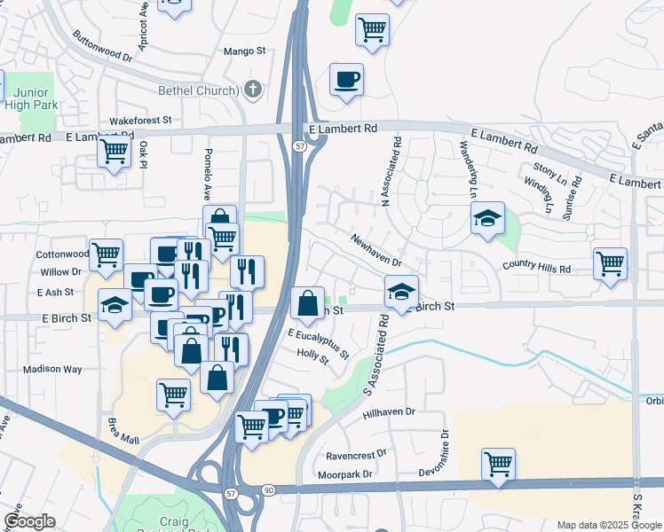 map of restaurants, bars, coffee shops, grocery stores, and more near 1717 East Birch Street in Brea
