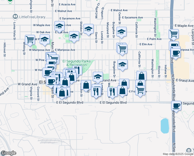 map of restaurants, bars, coffee shops, grocery stores, and more near 707 East Grand Avenue in El Segundo