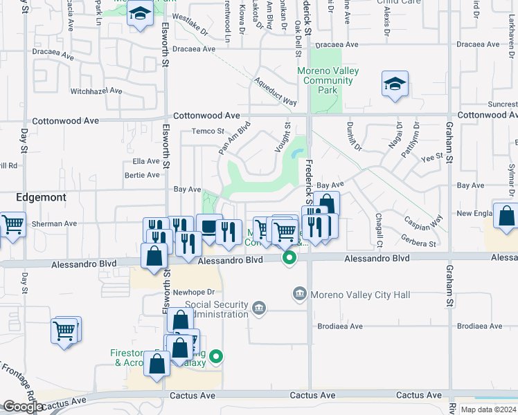 map of restaurants, bars, coffee shops, grocery stores, and more near 22827 Bay Avenue in Moreno Valley