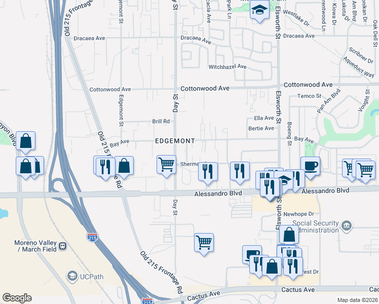 map of restaurants, bars, coffee shops, grocery stores, and more near 13802 Nolze Place in Moreno Valley