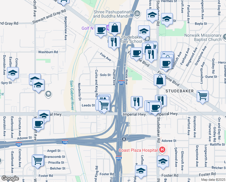 map of restaurants, bars, coffee shops, grocery stores, and more near 10667 Everest Street in Norwalk
