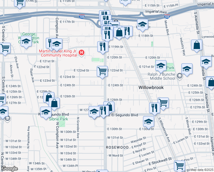 map of restaurants, bars, coffee shops, grocery stores, and more near 12400 Wilmington Avenue in Compton