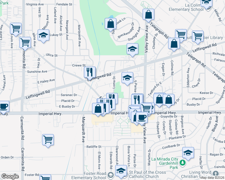 map of restaurants, bars, coffee shops, grocery stores, and more near 13949 Placid Drive in Whittier