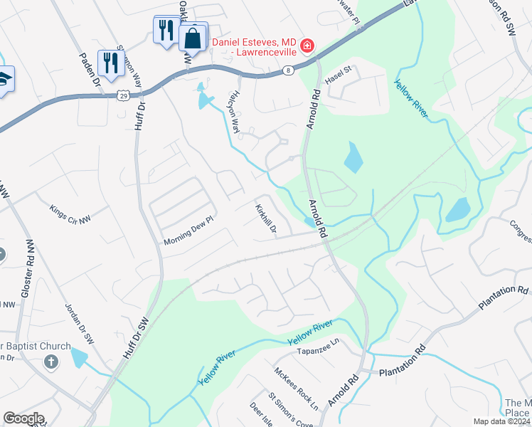 map of restaurants, bars, coffee shops, grocery stores, and more near 62 Kirkhill Drive in Lawrenceville