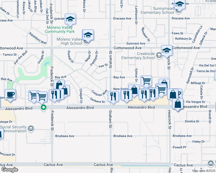 map of restaurants, bars, coffee shops, grocery stores, and more near 13842 Caspian Way in Moreno Valley