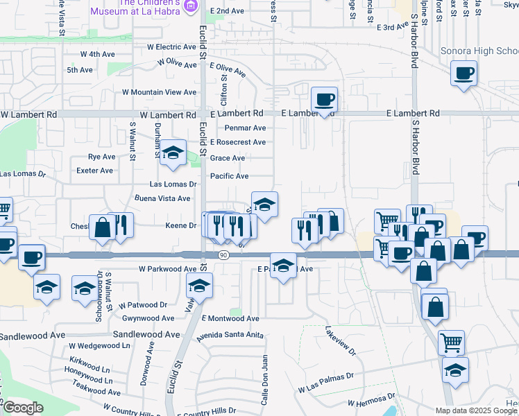 map of restaurants, bars, coffee shops, grocery stores, and more near 1000 South Cypress Street in La Habra