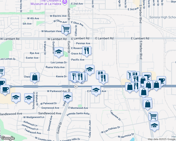map of restaurants, bars, coffee shops, grocery stores, and more near 1000 South Cypress Street in La Habra