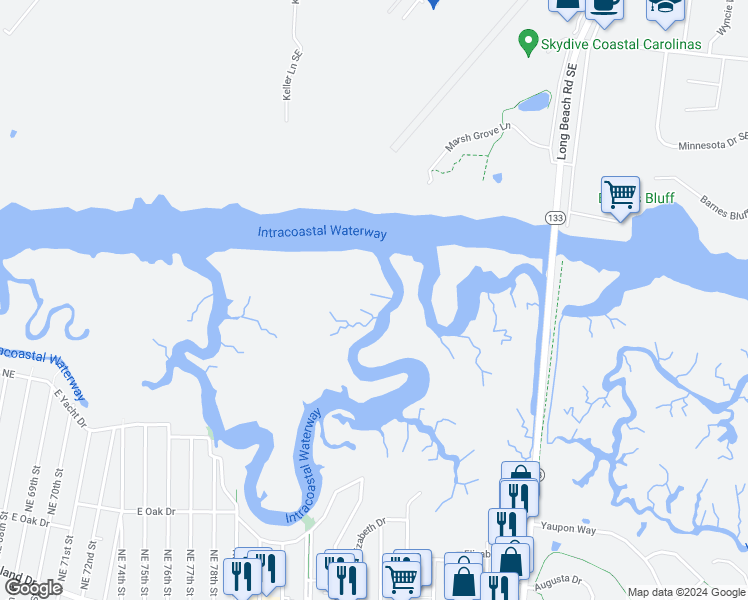 map of restaurants, bars, coffee shops, grocery stores, and more near 2100 Marsh Grove Lane in Southport
