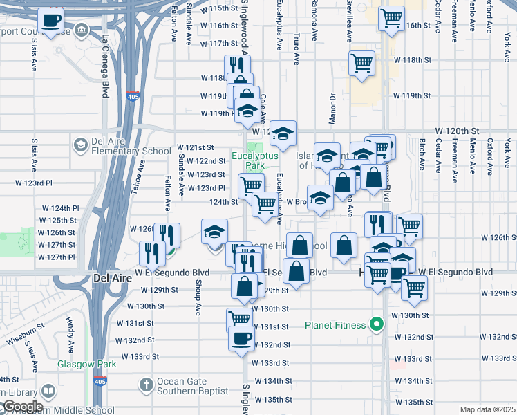 map of restaurants, bars, coffee shops, grocery stores, and more near 4758 West Broadway in Hawthorne