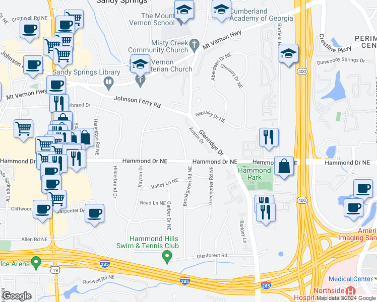 map of restaurants, bars, coffee shops, grocery stores, and more near 636 Lorell Terrace Northeast in Atlanta