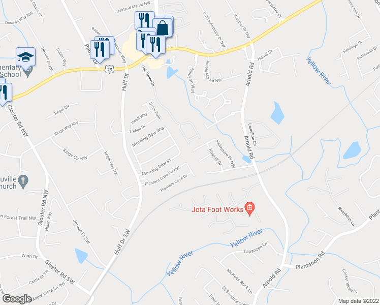map of restaurants, bars, coffee shops, grocery stores, and more near 20 Kentshire Place Northwest in Lawrenceville