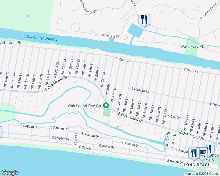 map of restaurants, bars, coffee shops, grocery stores, and more near 114 Northeast 30th Street in Oak Island