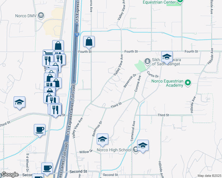 map of restaurants, bars, coffee shops, grocery stores, and more near 2627 Valley View Avenue in Norco