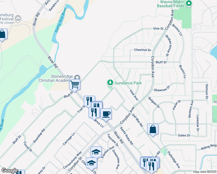 map of restaurants, bars, coffee shops, grocery stores, and more near 4047 Sundance Lane in Norco