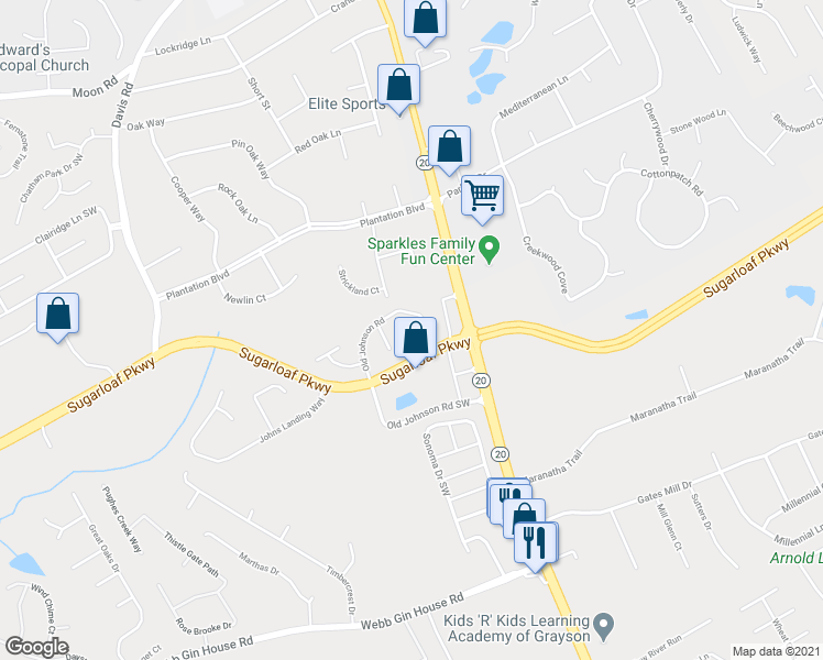 map of restaurants, bars, coffee shops, grocery stores, and more near 825 Old Johnson Road in Lawrenceville