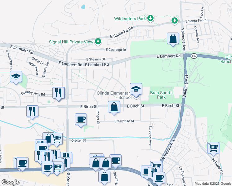 map of restaurants, bars, coffee shops, grocery stores, and more near 149 Bluegrass Street in Brea