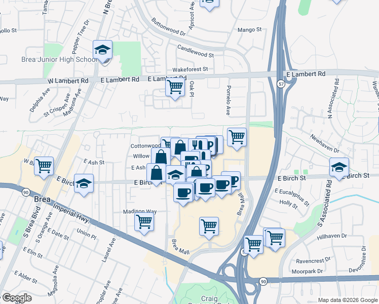 map of restaurants, bars, coffee shops, grocery stores, and more near 836 Willow Drive in Brea