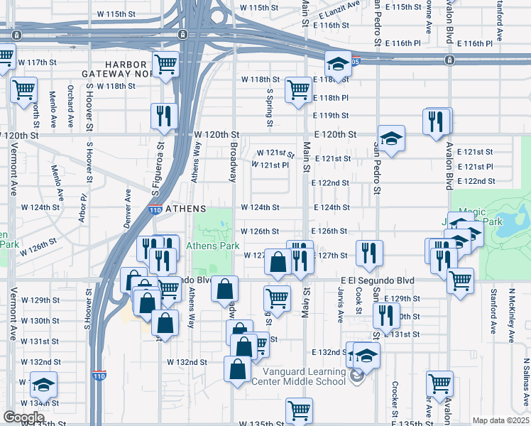 map of restaurants, bars, coffee shops, grocery stores, and more near 206 West 124th Street in Los Angeles