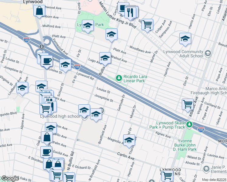 map of restaurants, bars, coffee shops, grocery stores, and more near 3915 Louise Street in Lynwood