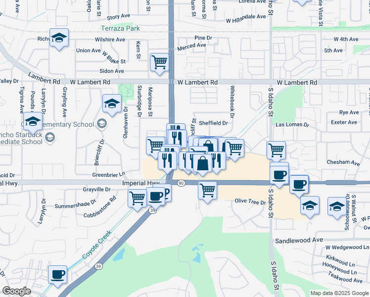 map of restaurants, bars, coffee shops, grocery stores, and more near Glencliff St & Fashion Square Ln in La Habra