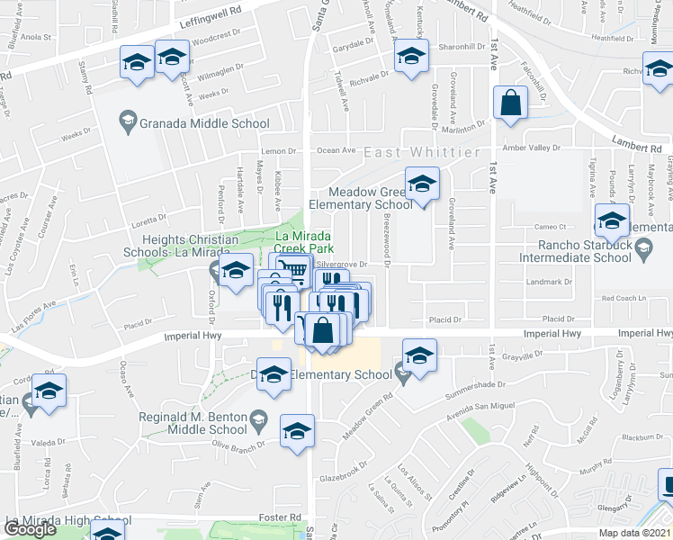 map of restaurants, bars, coffee shops, grocery stores, and more near 15838 Silvergrove Drive in Whittier