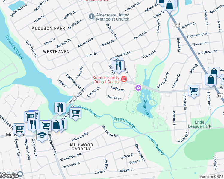 map of restaurants, bars, coffee shops, grocery stores, and more near 24 Ashley Street in Sumter