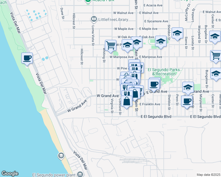 map of restaurants, bars, coffee shops, grocery stores, and more near 314 Virginia Street in El Segundo
