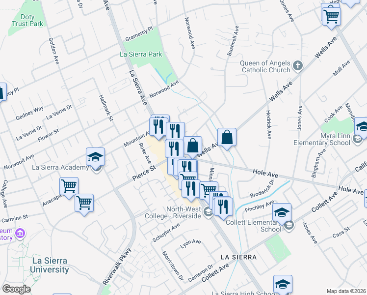 map of restaurants, bars, coffee shops, grocery stores, and more near 11073 Hole Avenue in Riverside