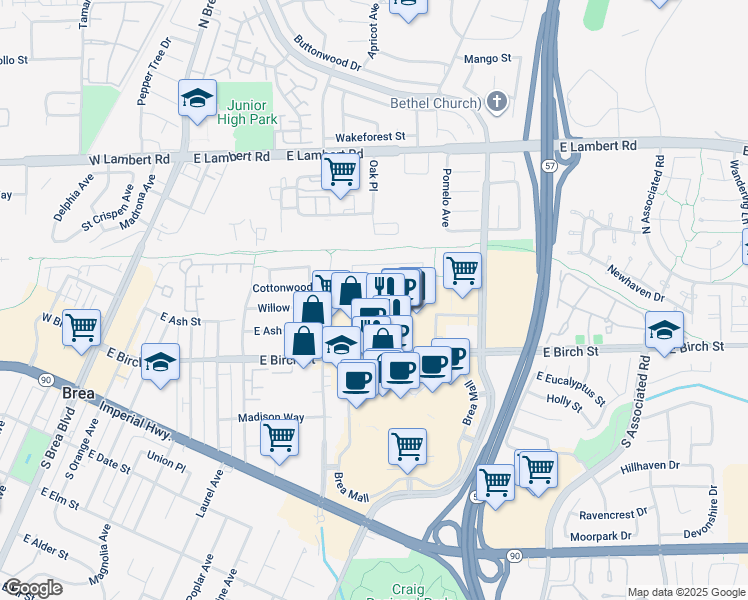 map of restaurants, bars, coffee shops, grocery stores, and more near 832 Willow Drive in Brea