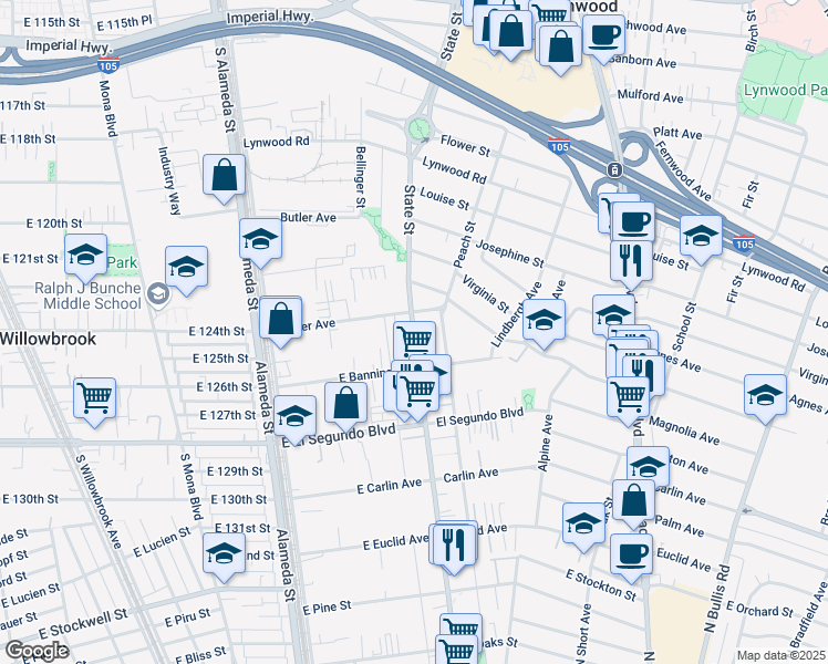 map of restaurants, bars, coffee shops, grocery stores, and more near 11968 North Santa Fe Avenue in Compton