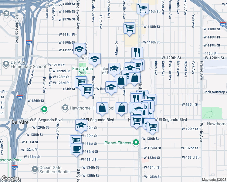 map of restaurants, bars, coffee shops, grocery stores, and more near 4558 West Broadway in Hawthorne