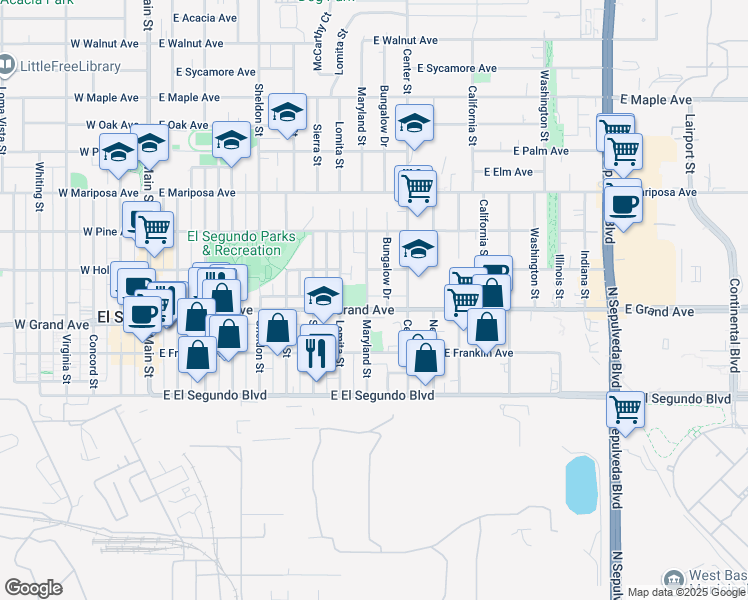 map of restaurants, bars, coffee shops, grocery stores, and more near 818 East Grand Avenue in El Segundo